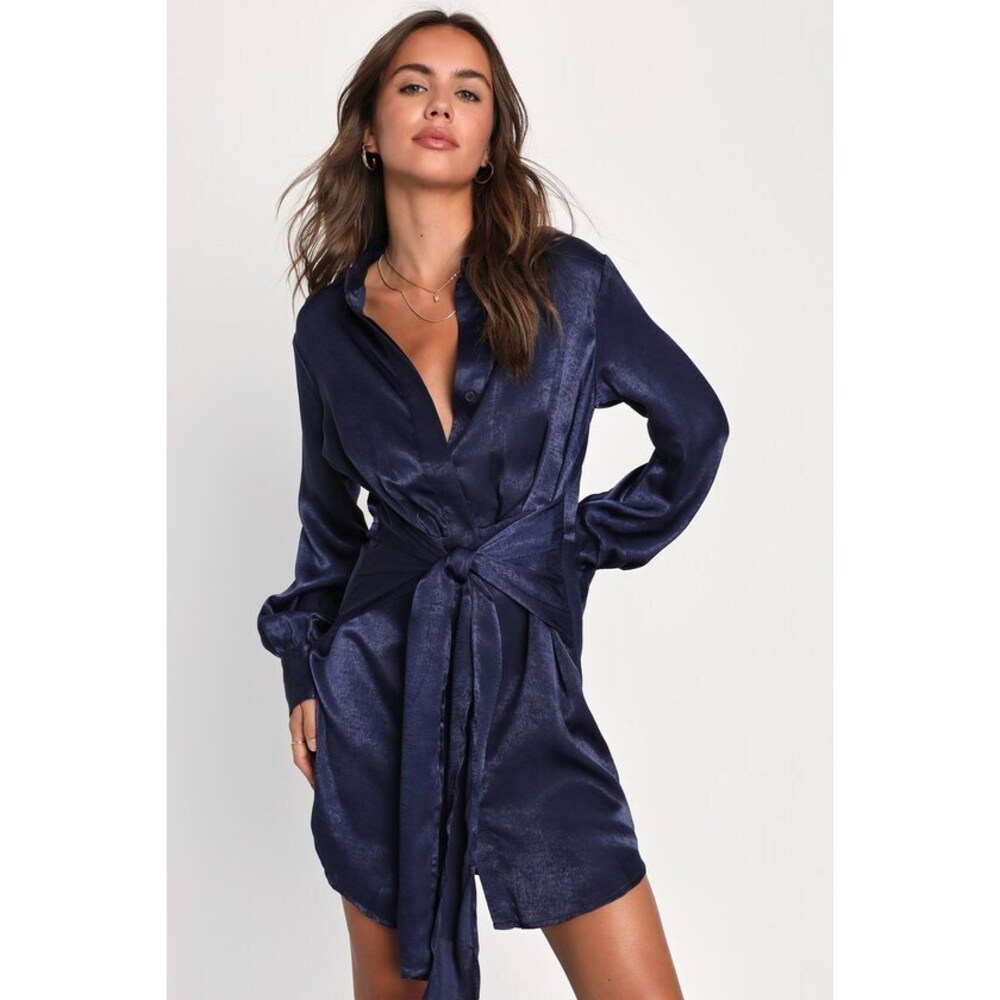 Lulus Day In The City Navy Blue Satin Long Sleeve Button-up Mini Dress